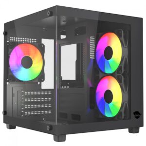 gabinete gamer ninja ryomaru, mini tower, vidro temperado, matx, com 3 fans rainbow, sem fonte, preto